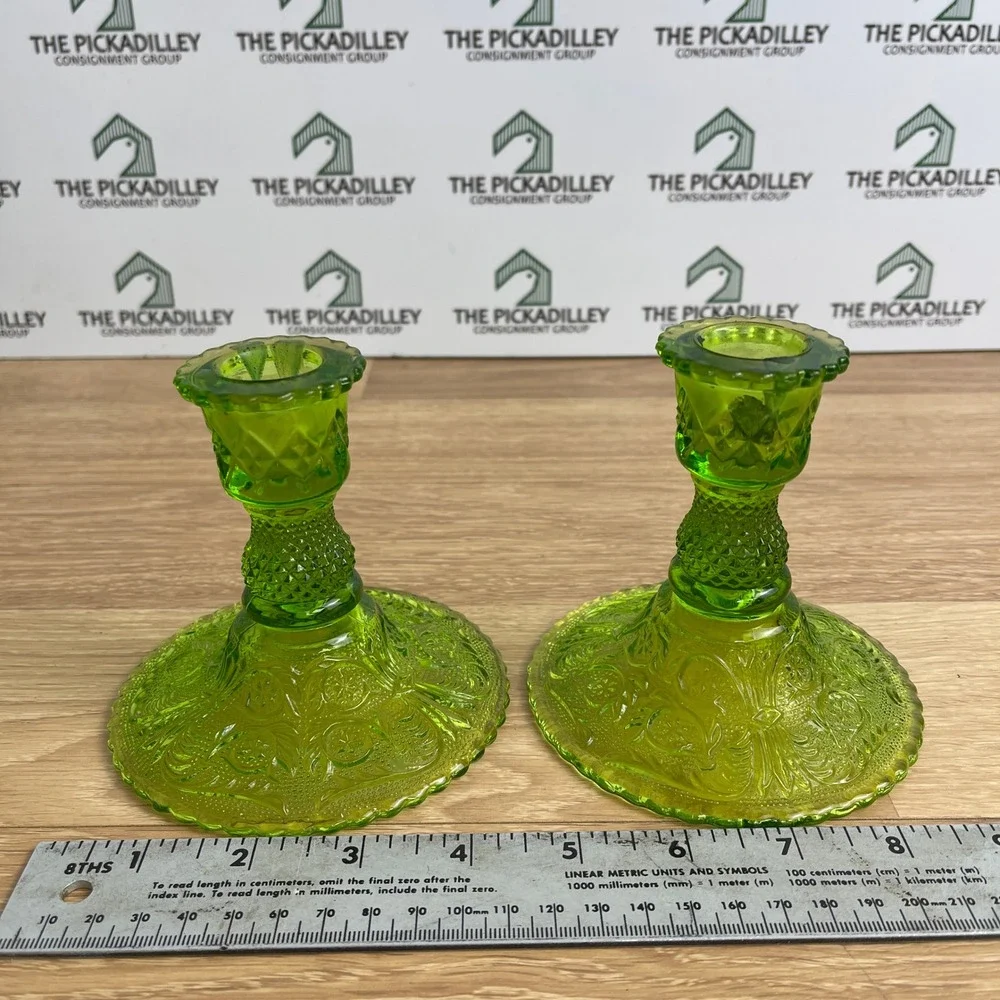 Tiara Sandwich Green Glass Candlestick Holders Set of 2 Vintage Scalloped Base